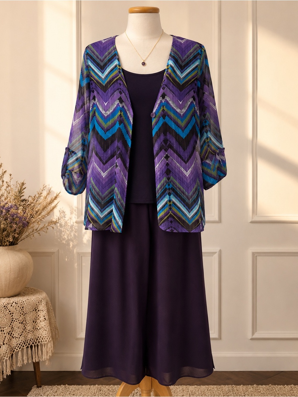 Purple 3 Piece Skirt Suit Set Size 12 Chevron Jacket Koret Dress